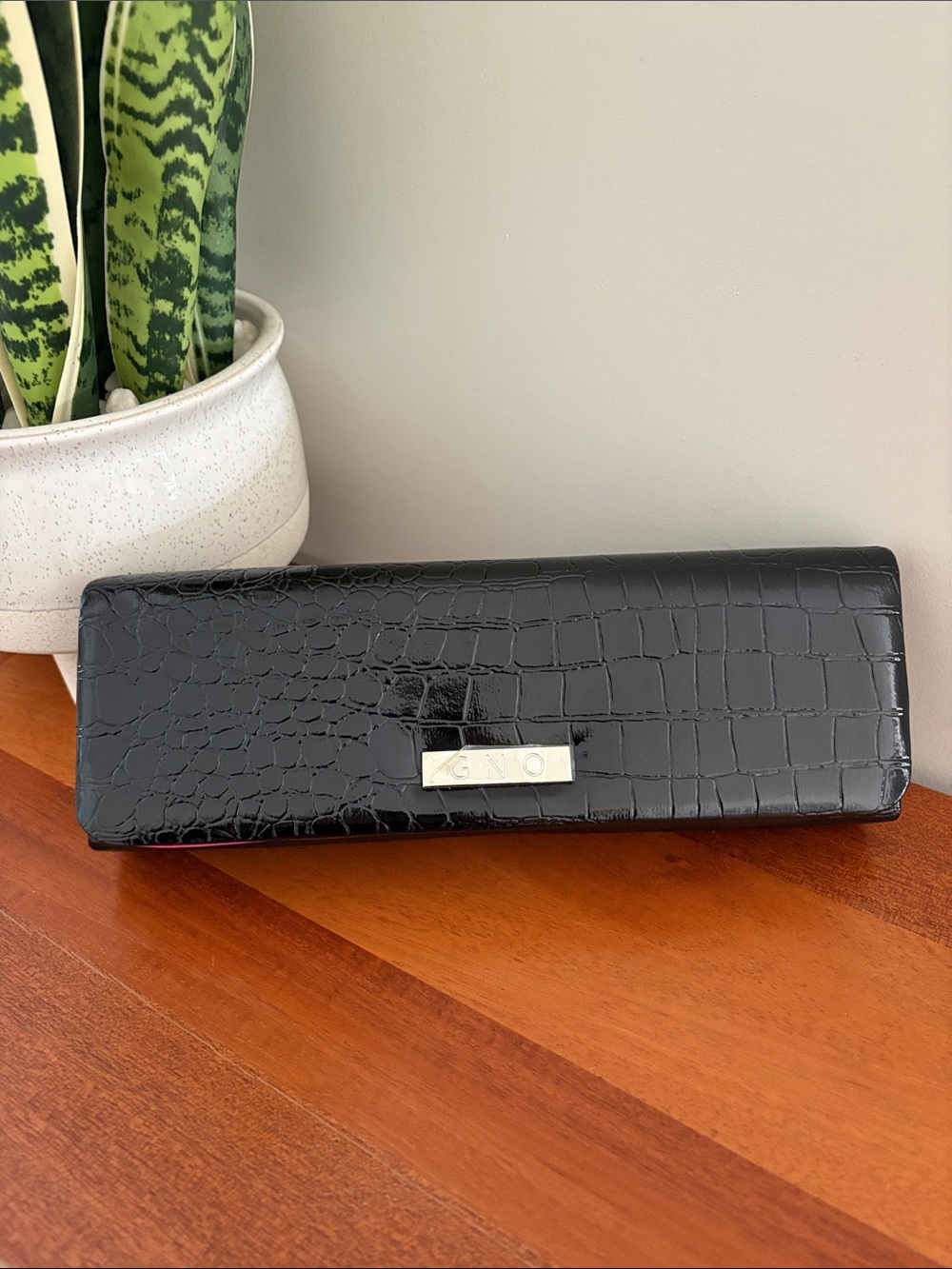 NWOT Black Croc-Embossed Patent Clutch Make up bag with Silver Hardware
